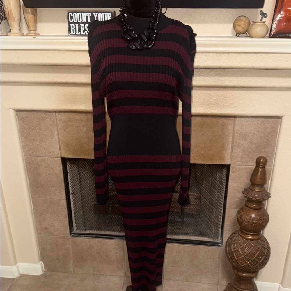New York & Company Black and Red Striped Long Sleeve Dress